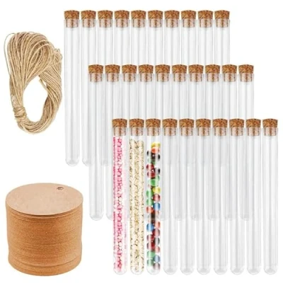 Abbildung von Firschoie 30 Stück Reagenzgläser, 15x150mm Reagenzgläser mit Korken kunststoff, Transparent Reagenzgläsern Piece Kraftpapieranhänger und 20m Hanfseil,für Laboratorien, Bonbons, Blumen