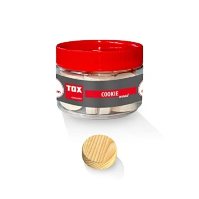 Abbildung von TOX Cookie Wood Querholzplättchen 30 mm aus Fichtenholz zum Reparieren und Ausbessern von fehlerhaften Stellen im Holz in der Runddose, 25 Stück, 015260304