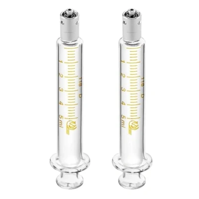 Abbildung von 2 Stück Glasspritzen mit Kappen, 5 ml Luer Lock wiederverwendbare Glasspritze, Metall Kaliber Injektor Laborprobe für Labor