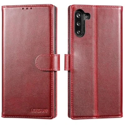 Abbildung von LENSUN Echtleder Hülle für Samsung Galaxy Note 10, Handyhülle Echt Leder [Magnetverschluss] [Kartenfach] Handytasche Lederhülle 10 Wein Rot