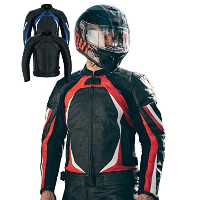 Abbildung von Texpeed Motorrad lederjacke herren mit protektoren Schwarz Winter/Sommer Gesteppt echtleder Perforiert Bikerjacke biker rüstung gepanzert (EN 1621 1) Rot L
