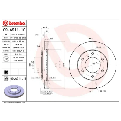 Abbildung von BREMBO COATED DISC LINE 09.A911.11 Bremsscheibe 290 26 6 innenbelüftet beschichtet hochgekohlt MITSUBISHI: PAJERO 4