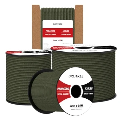 Abbildung von Brotree Paracord 3mm 50M 100% Nylon Seil Schnur Typ II 425 mit 3 Kern für Survival, Outdoor, Armband, Basteln Bruchlast 192kg (Armee Grün)