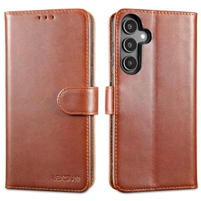 Abbildung von LENSUN Lederhülle für Samsung Galaxy A35, Echtleder Hülle Klappbar [Kartenfach][RFID Schutz][Standfunktion] Handytasche Handyhülle Flip A35 5G Dunkelbraun