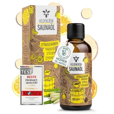 Abbildung von Heldengrün Bio Saunaaufguss Zitruszauber [ECHTE ÖLE, 3 DÜFTE] Saunaöl mit Mandarine, Zitrone &amp; Lemongrass Sauna Aufgussmittel ätherischem Öl