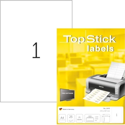 Abbildung von TopStick 8410 Universal Etiketten, 800 Blatt, 210 x 297 mm, 1 pro A4 Bogen, Stück, selbstklebend, bedruckbar, matt, blanko Papier Klebeetiketten Aufkleber, weiß