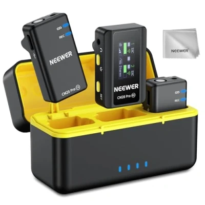 Abbildung von NEEWER CM28 PRO Drahtloses Lavalier Mikrofon + Ladekoffer &amp; Reinigungstuch, Rauschunterdrückung 9 Std. Aufnahme Mini Ansteckmikrofon Kompatibel mit iPhone iPad USB C Android Kamera PC Laptop Computer