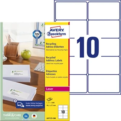 Abbildung von AVERY Zweckform LR7173 100 Recycling Etiketten (1.000 Adressaufkleber, 99,1x57mm auf A4, 100% recyceltes Altpapier, bedruckbar, selbstklebend, für C4/C5 Briefkuverts) Blatt, naturweiß