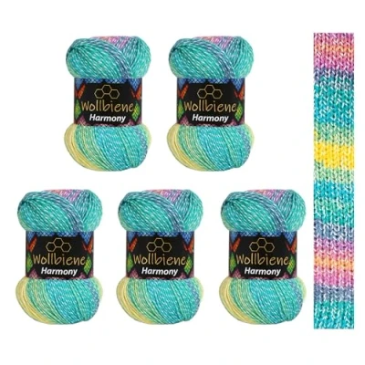 Abbildung von 5 x 100g Wollbiene Harmony Batik 500 Gramm mit Farbverlauf 30% Baumwolle mehrfarbig Multicolor Strickwolle Häkelwolle Wolle Ganzjahreswolle (8030 türkis grün gelb beere)