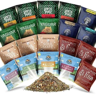 Abbildung von Großes Set von Mate Proben Tee 50g Verde Green, Soul Mate, Yaguar, Guarani, El Fuego, Rio Parana Natürliches Koffein 20x50g 1kg