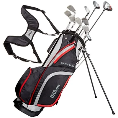 Abbildung von Wilson Anfänger Amazon Exclusive Komplettsatz, 10 Golfschläger mit Carrybag, Herren, Linkshand, Stretch XL, schwarz/grau/rot, WGG157550