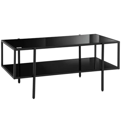 Abbildung von HOMCOM Beistelltisch, Couchtisch mit 2 Ablage, Kaffeetisch aus Hartglas, für Wohnzimmer, Schlafzimmer, 100 x 55 45,5 cm, Stahl, Schwarz