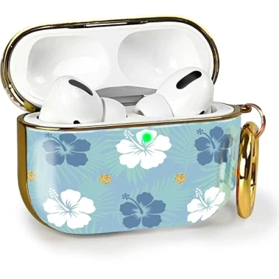 Abbildung von MyGadget Hardcase Hülle [ Blumen Motiv ] kompatibel mit Apple AirPods Pro (2.Gen 2022) Qi Karabiner LED Licht sichtbar Blau Weiß