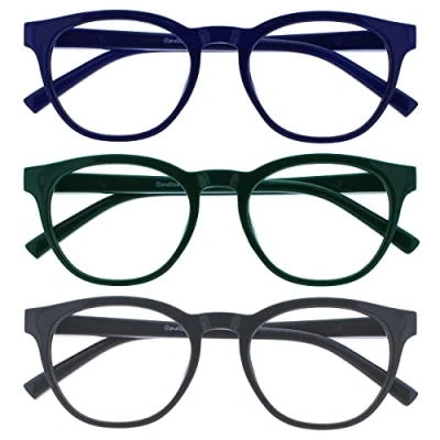 Abbildung von OPULIZE Blu Brille Blaulichtfilter 3er Pack Cool Rund Rahmen Federscharniere Verbessern Den Schlaf Computerbrille Gaming Entspiegelt Blau Grün Grau Herren Damen BBB5 367 +0.00