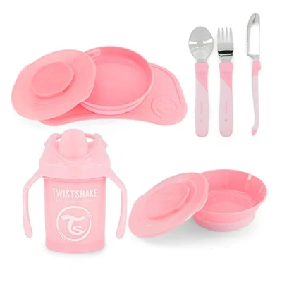 Abbildung von Twistshake Babygeschirr Set 4 teilig 1x Baby Tischset 1 Babyteller Babynapf 3 Edelstahlbesteck Trinkbecher 6 Monate + Geschirrset Geschirr für die Babyentwöhnung Hellrosa