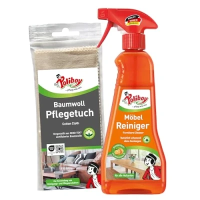 Abbildung von POLIBOY Möbel Reiniger Schonender Holzreiniger für unbehandelte und versiegelte Holzmöbel Seifenfreie Rezeptur Mit frischem Organgenduft 1x 375 ml inkl. Baumwolltuch Made in Germany