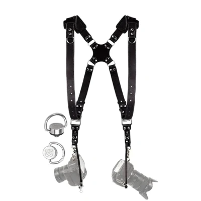 Abbildung von C Coiro Kameragurt für 2 Kameras mit doppeltem Tragegurt aus Leder und verstellbarem Schultergurt Ledergurt DSLR/SLR Camera Dual Shoulder Strap, Padded/Schwarz