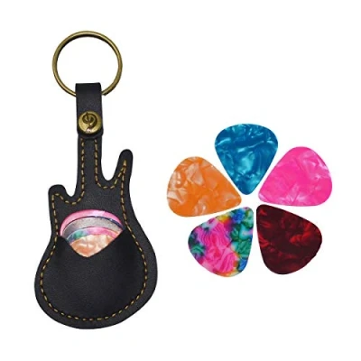 Abbildung von Leder Gitarrenplektren Etui, Gitarrenplektrenhalter mit Schlüsselanhänger, Tasche für Gitarrenplektren, 5 Plektren, Geschenk (schwarz)