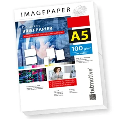 Abbildung von TATMOTIVE Imagepaper 100g/qm DIN A5, das stärkere Briefpapier, brillante Drucke für alle Drucker, 1000 Blatt Kopierpapier Druckerpapier weiß
