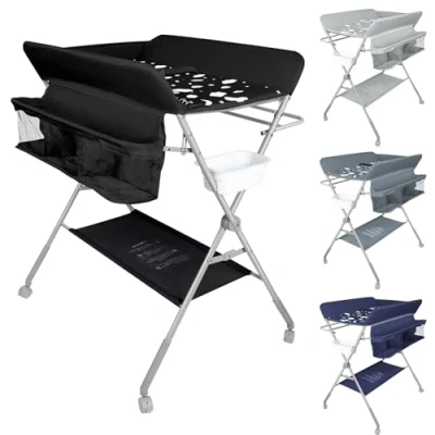 Abbildung von Baby Klappbarer Wickeltisch，Mobiler Wickeltisch mit Rollen und Wickelauflage,Wasserdicht Höhenverstellbar，Baby Wickelkombi Ablagefächern 80 * 58 90 cm schwarz