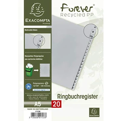 Abbildung von Exacompta 1723B Recycling Kunststoff Register 20 Blatt mit bedruckten Taben A Z für DIN A4 2/3 Höhe Ringbuchordner Plastikregister die ideale Ablage von Dokumenten Blauer Engel grau