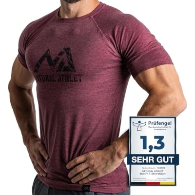 Abbildung von Herren Fitness T Shirt meliert Männer Kurzarm für Gym &amp; Training Passform Slim Fit, lang mit Rundhals, Bordeaux, M