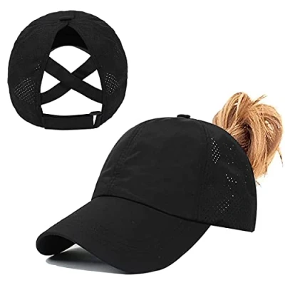 Abbildung von Pferdeschwanz Baseballkappe Damen Sommer Einstellbare Schnell trocknende Masche Atmungsaktiv Baseballmütze Unisex Criss Cross Hüte Sport Mütze (Schwarz)