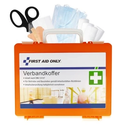 Abbildung von First Aid Only Erste Hilfe Koffer DIN 13157 mit Wandhalterung Kompakter Verbandskasten für Betriebe und Haushalte gefüllt nach 13157:2021 Inkl. Tragegriff &amp; Montagematerial P 10020