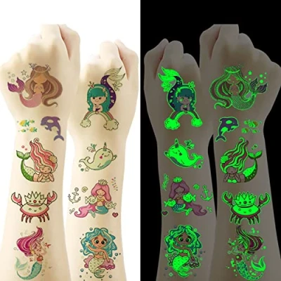 Abbildung von Deen Tattoo Kinder Mädchen Sticker Sets 10 Blätter,Meerjungfrau Leuchtende Temporäre Aufkleber, Fake Kindertattoos für Meerjungfrau Party Kindergeburtstag Geschenke Mitgebsel Spiele Deko