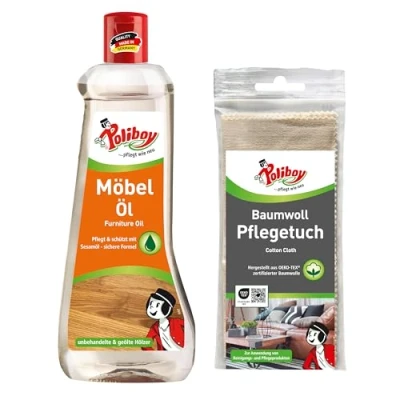 Abbildung von poliboy 99A5801, Möbel Öl 500 ml mit Baumwolltuch Möbelreiniger (Holzpflegemittel für Naturmöbel Made in Germany)