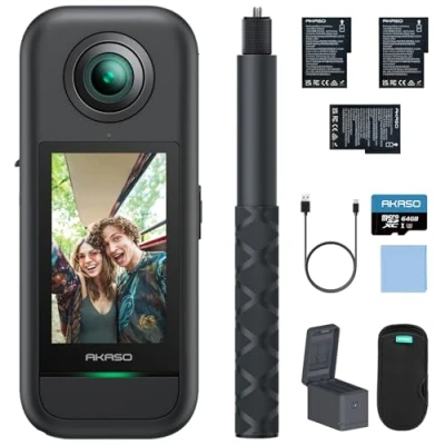 Abbildung von AKASO 360 Action Cam Creator Set 5.7K 72MP Grad Actionkamera mit 64GB Speicherkarte Duale 1/2&quot; 48MP Sensoren, 2.29&#039;&#039; Touchscreen, Unsichtbarer Selfie Stick, Horizon Lock und AI Verfolgung