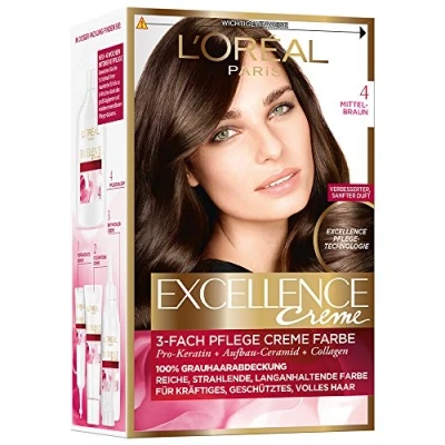 Abbildung von L&#039;Oréal Paris Permanente Haarfarbe, 100 Prozent Grauhaarabdeckung, Haarfärbeset mit Coloration, Shampoo und 3 Fach Pflege Creme Farbe, Excellence Crème 4 Mittelbraun