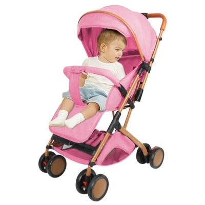 Abbildung von Kinderwagen für Babys, ultraleicht, kompakt, faltbar und neigbar, von Geburt bis 25 kg, mit Trolley System, Regenschutz inklusive, ausziehbares Verdeck B Rosa