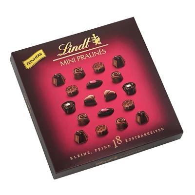 Abbildung von Lindt Schokolade Feinherbe Mini Pralinés 90 g Pralinen Schachtel mit je 18 in 6 köstlichen Sorten Pralinengeschenk Schokoladengeschenk