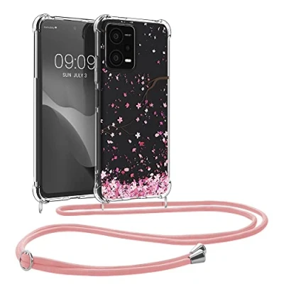 Abbildung von kwmobile Necklace Case kompatibel mit Xiaomi Redmi Note 12 5G / Poco X5 Hülle Silikon Cover Handykette Rosa Dunkelbraun Transparent Kirschblütenblätter