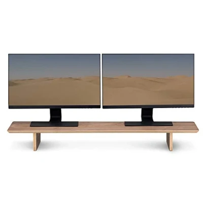 Abbildung von Navaris Doppel Monitorständer aus Holz TV Ständer Bildschirm Erhöhung Laptop Monitor Stand Tisch Aufsatz Walnussholz große Halterung in Braun