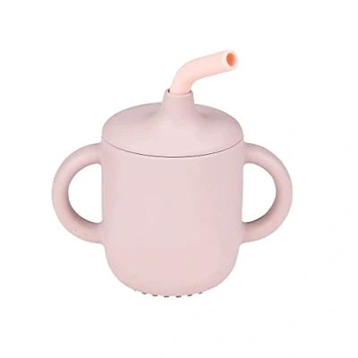 Abbildung von Nattou Silikon Trinkbecher für Kinder, 3 tlg., 1 Becher mit Deckel, Strohhalm, Reinigungsbürste, BPA frei, Silicon, Rosa
