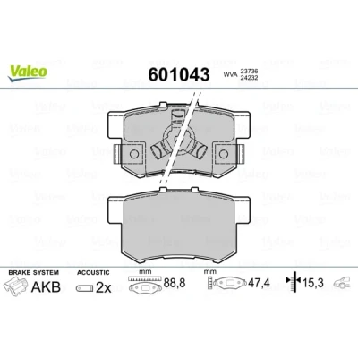 Abbildung von VALEO 601043 Bremsbelagsatz Hinterachse inkl. Verschleißwarnkontakt mit Anti Quietsch Blech HONDA: CR V 4, ACCORD 8, 8 Kombi, SUZUKI: SWIFT 3