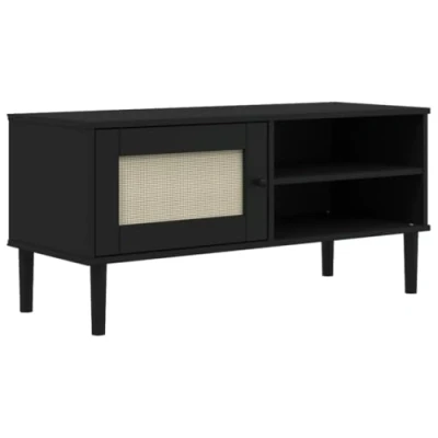 Abbildung von vidaXL TV Schrank, Fernsehschrank mit 3 Fächern 1 Tür, Lowboard HiFi Schrank Rattan Optik, Fernsehtisch Möbel, Schwarz Kiefernholz