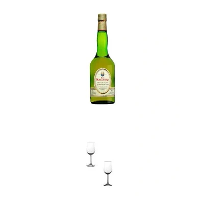 Abbildung von Pere Magloire Calvados Fine Pays d&#039; Auge Frankreich 0,7 Liter + Nosing Gläser Kelchglas Bugatti mit Eichstrich 2cl und 4cl 2 Stück