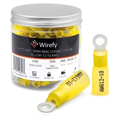 Abbildung von Wirefy Gelbe Ringkabelschuhe Schrumpfverbinder M4 Lötfreie Kabelschuhe Sortiment Ringkabelschuh Quetschverbinder 4 6 mm² 90 Stück