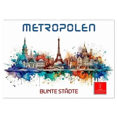 Abbildung von Skylines bunte Städte (Wandkalender 2025 DIN A2 quer), CALVENDO Monatskalender