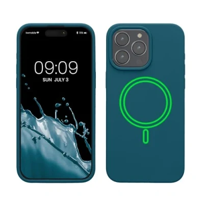Abbildung von kwmobile Hülle kompatibel mit Apple iPhone 15 Pro Max magnetisches Silikon Case MagSafe Cover gummiert Petrol matt