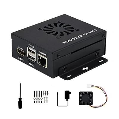 Abbildung von Waveshare Mini Computer Basierend auf Raspberry Pi Compute Module 4 (Nicht Enthalten), CM4 IO BASE B im Inneren, Metallgehäuse, mit Lüfter, Onboard Anschlüssen CSI/DSI/HDMI/USB/RJ45 usw.