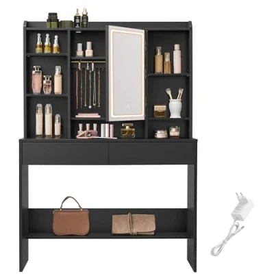 Abbildung von VASAGLE Schminktisch mit LED Beleuchtung, 3 Farben Einstellbarer Helligkeit, Frisiertisch Spiegel, Kosmetiktisch verstellbaren Ablagen, 2 Schubladen, modern, tintenschwarz RDT123B01