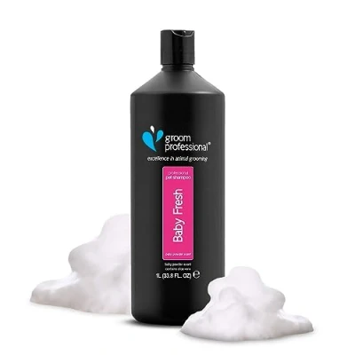 Abbildung von GROOM PROFESSIONAL Baby Fresh Hundeshampoo Sensitiv Gegen Geruch Babypuderduft für Juckende &amp; Trockene Haut Sanft Duftendes Welpenshampoo Perfekt Welpen, 1 Liter