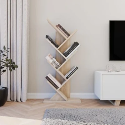 Abbildung von ComfortCove Baum Bücherregal, Schreibtisch Bodenstehendes Lagerregal für Wohnzimmer, Heimbüro, Schlafzimmer oder Küche, 7 Regale, Sonoma