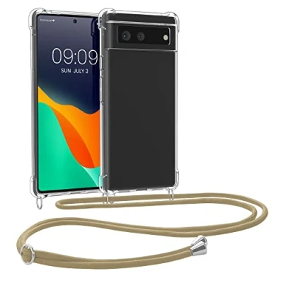 Abbildung von kwmobile Necklace Case kompatibel mit Google Pixel 6 Hülle Silikon Cover Handykette Band Handyhülle Gold Transparent
