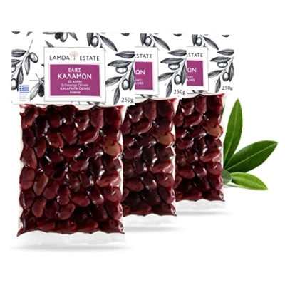 Abbildung von Lamda Estate schwarze griechische Oliven Kalamata mit Stein eingelegte frische Kalamon Olive Vakuum 3x 250g