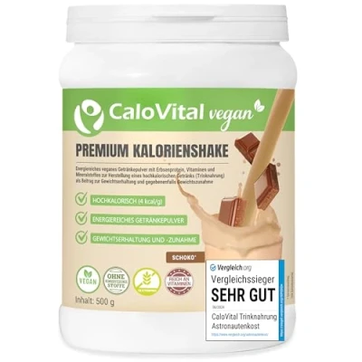 Abbildung von Hochkalorische Trinknahrung Vegan Kalorien Shake zum zunehmen Astronautennahrung Trinkmahlzeit mit Kohlenhydrate Protein Vitamine &amp; Mineralstoffe Hochdosiert CaloVital (500 g, Schoko)